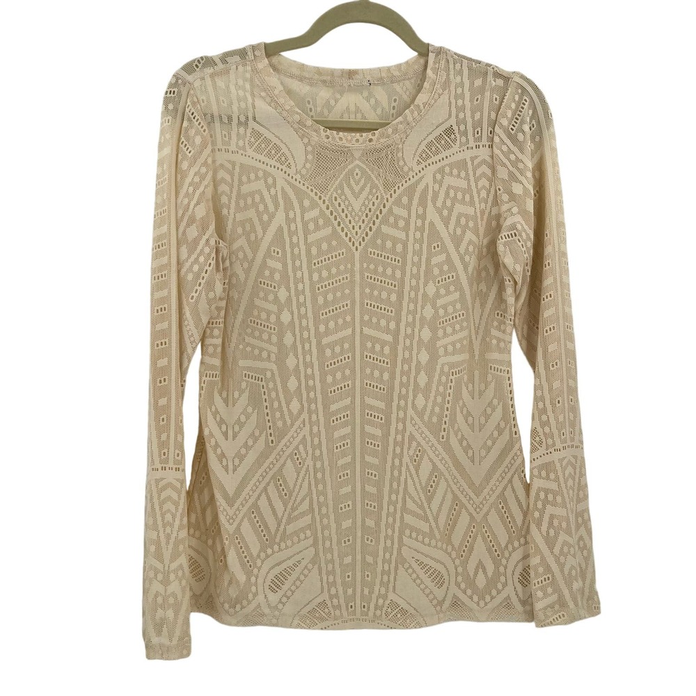 BCBGMAXAZRIA Lace Blouse Top Blouse Beige Cream Long Sleeve Sheer Pullover M